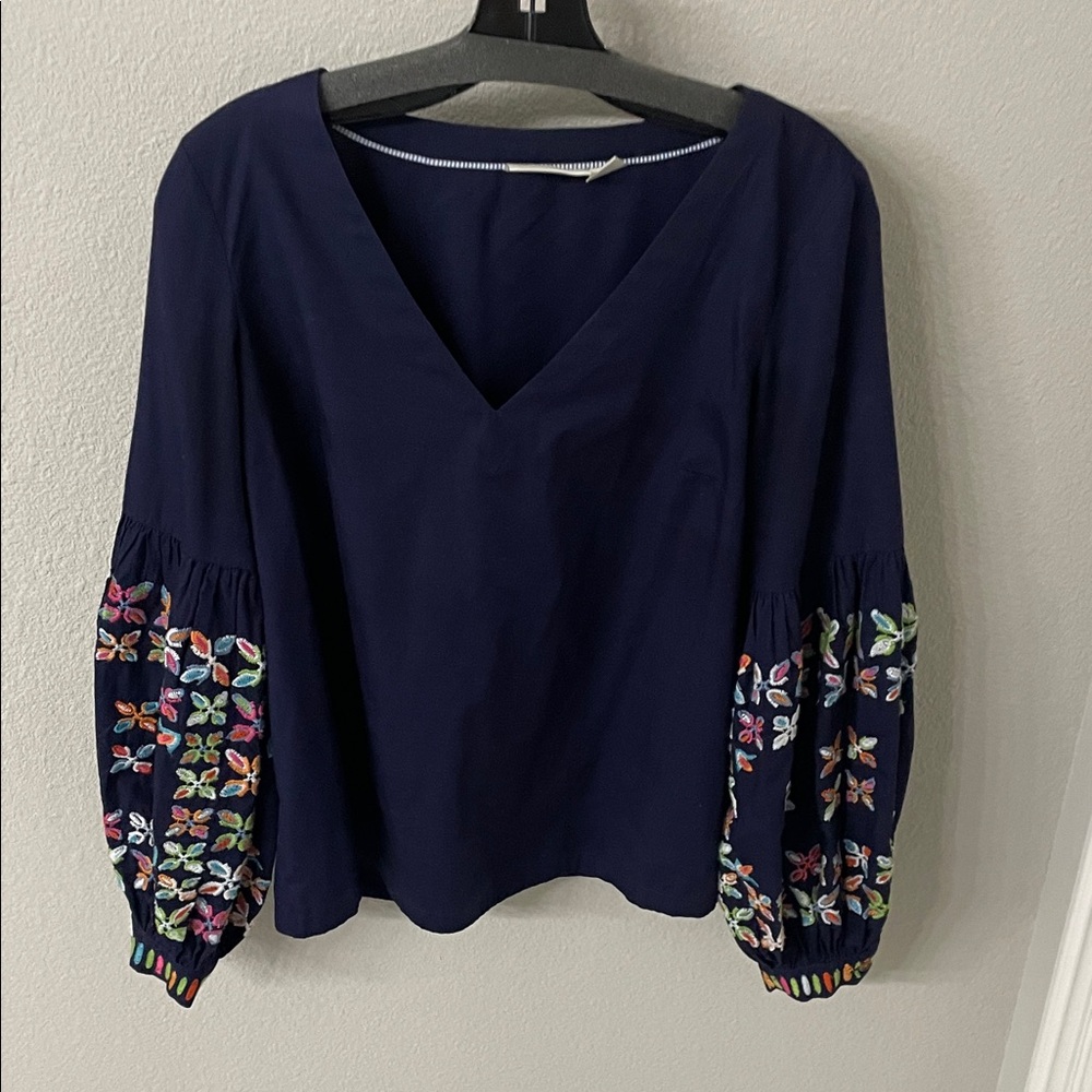 Anthropologie Navy Blouse with Multicolor Embroidery